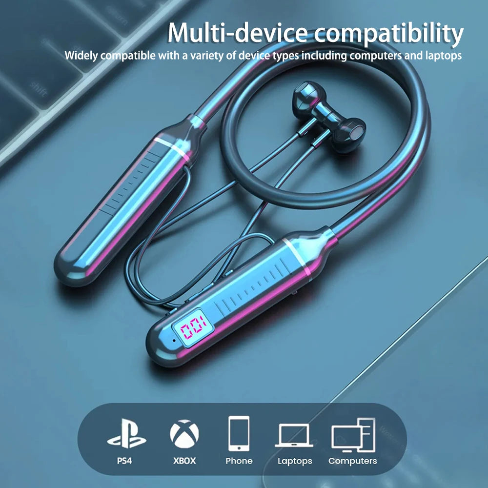 Wireless Earphones 5.3 Neckband Headphones Gaming LED Display Wireless Mic Stereo HIFI TWS Headset Support TF Cards