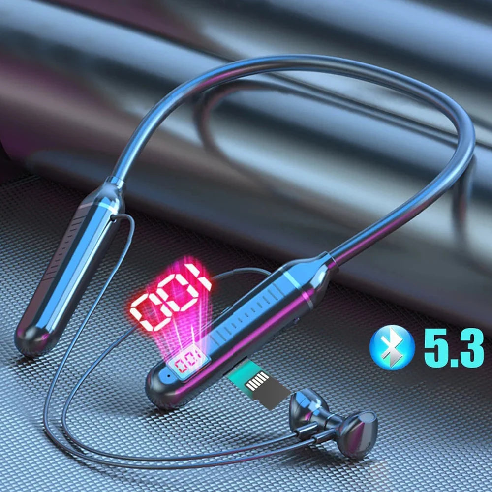 Wireless Earphones 5.3 Neckband Headphones Gaming LED Display Wireless Mic Stereo HIFI TWS Headset Support TF Cards