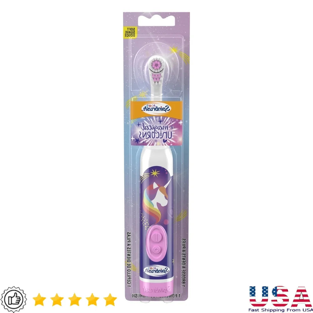 Magical Unicorn Kids Electric Toothbrush Soft Bristles Battery Powered Spin Technology Ages 3 and Up Easy Grip Long Lasting Oral