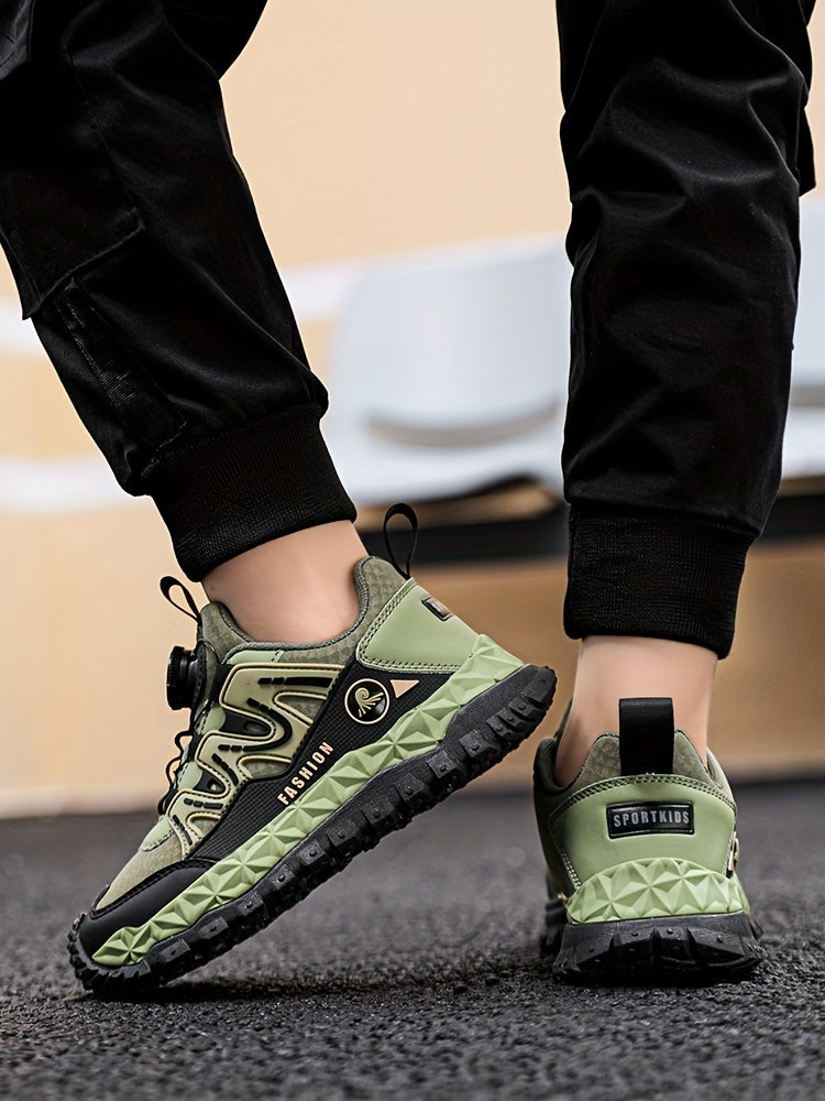 Unisex Kids Fashion Sports Sneakers with Rotary Buckle Closure - Casual Geometric Pattern Running Shoes for Boys & Girls - Comfortable Lightweight Outdoor Trainers for All-Season with Splicing Design & Fabric Inner - TPR Sole