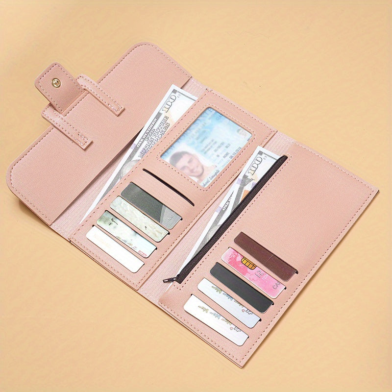MEdeals.shop Multi-Functional Snap Button Card Holder, Faux Leather Long Trifold Clutch, Women's Fashion Wallet, Stylish Flip Cover Coin Purse at MEdeals.shop