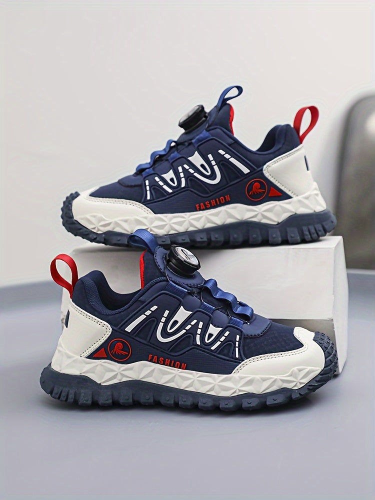 Unisex Kids Fashion Sports Sneakers with Rotary Buckle Closure - Casual Geometric Pattern Running Shoes for Boys & Girls - Comfortable Lightweight Outdoor Trainers for All-Season with Splicing Design & Fabric Inner - TPR Sole