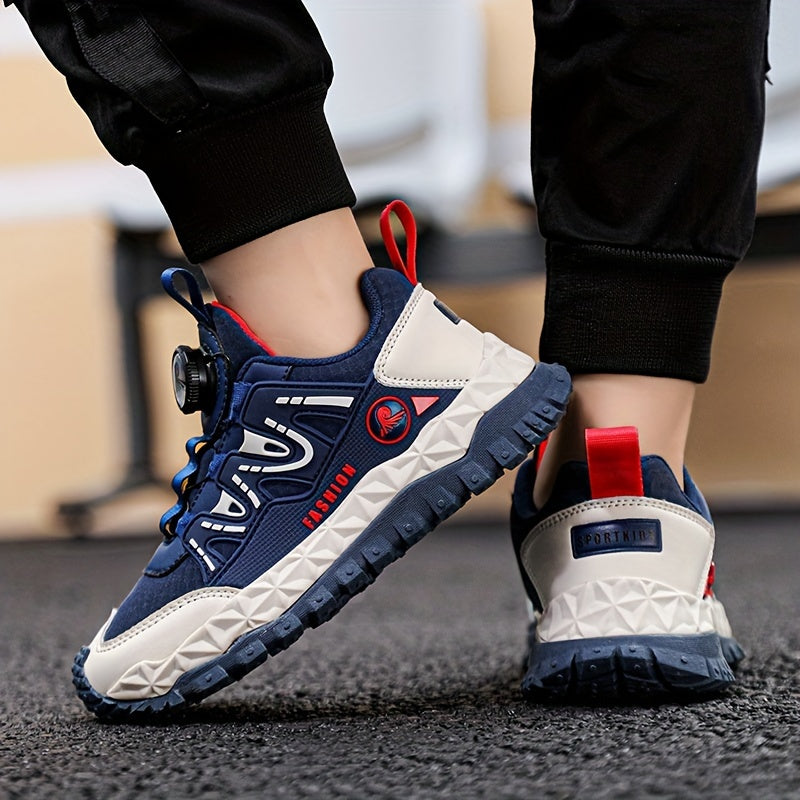 Unisex Kids Fashion Sports Sneakers with Rotary Buckle Closure - Casual Geometric Pattern Running Shoes for Boys & Girls - Comfortable Lightweight Outdoor Trainers for All-Season with Splicing Design & Fabric Inner - TPR Sole