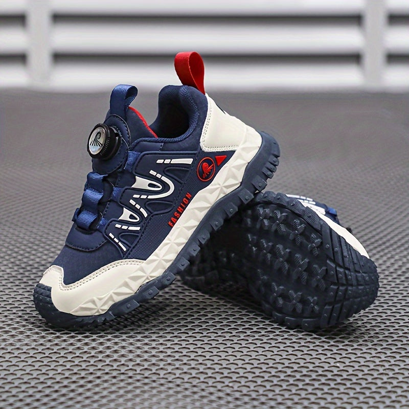 Unisex Kids Fashion Sports Sneakers with Rotary Buckle Closure - Casual Geometric Pattern Running Shoes for Boys & Girls - Comfortable Lightweight Outdoor Trainers for All-Season with Splicing Design & Fabric Inner - TPR Sole