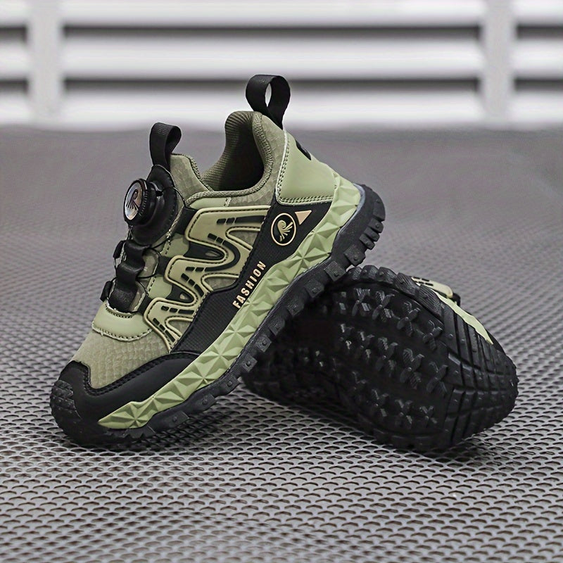 Unisex Kids Fashion Sports Sneakers with Rotary Buckle Closure - Casual Geometric Pattern Running Shoes for Boys & Girls - Comfortable Lightweight Outdoor Trainers for All-Season with Splicing Design & Fabric Inner - TPR Sole