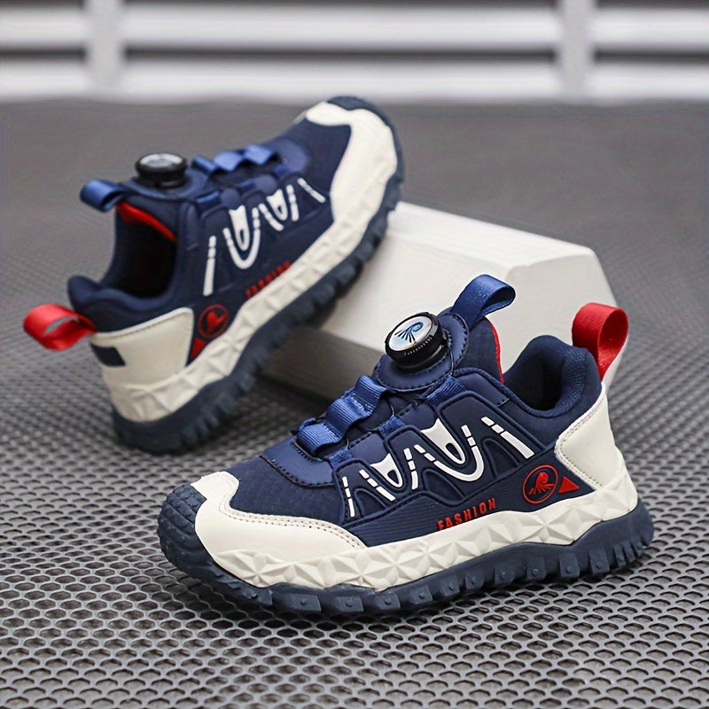 Unisex Kids Fashion Sports Sneakers with Rotary Buckle Closure - Casual Geometric Pattern Running Shoes for Boys & Girls - Comfortable Lightweight Outdoor Trainers for All-Season with Splicing Design & Fabric Inner - TPR Sole