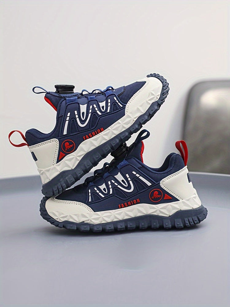 Unisex Kids Fashion Sports Sneakers with Rotary Buckle Closure - Casual Geometric Pattern Running Shoes for Boys & Girls - Comfortable Lightweight Outdoor Trainers for All-Season with Splicing Design & Fabric Inner - TPR Sole