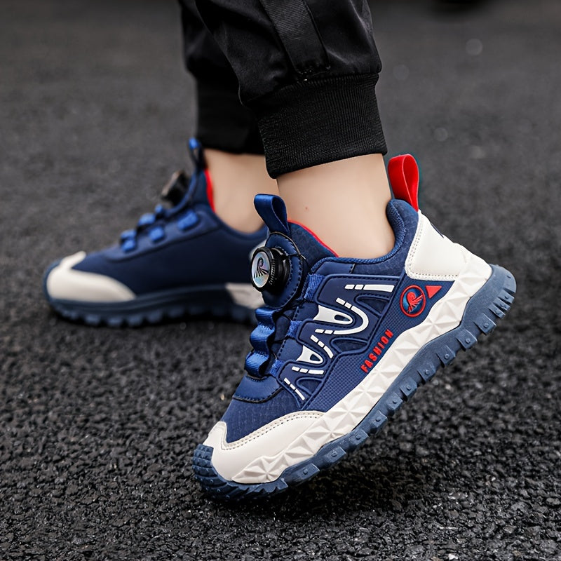 Unisex Kids Fashion Sports Sneakers with Rotary Buckle Closure - Casual Geometric Pattern Running Shoes for Boys & Girls - Comfortable Lightweight Outdoor Trainers for All-Season with Splicing Design & Fabric Inner - TPR Sole