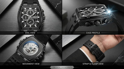 Black precision chronograph watch with detailed views on a dark background