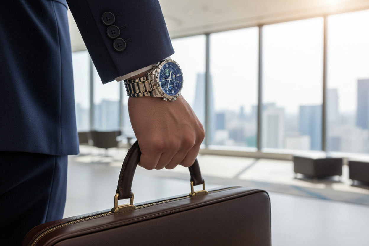 Silver wristwatch with a blue face on a dark background