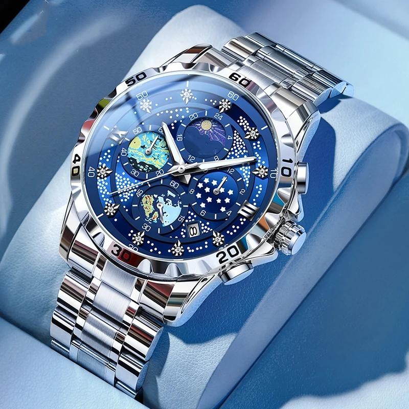 Luxury Men’s Blue Dial Watch - Stainless Steel Chronograph - Gift Box Included