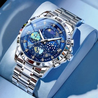 Luxury Men’s Blue Dial Watch - Stainless Steel Chronograph - Gift Box Included