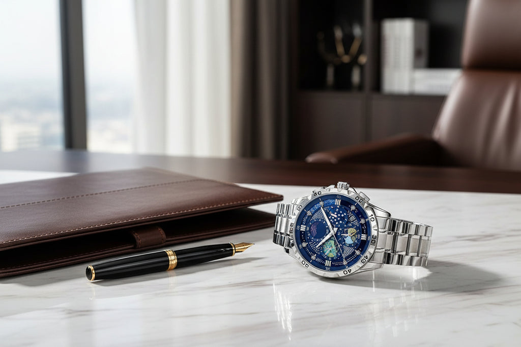 Silver wristwatch with a blue face on a light blue background