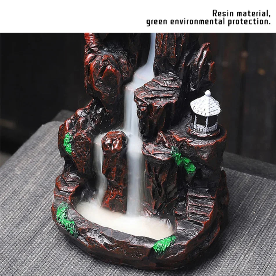 Mountains River Waterfall Incense Burner Fountain Backflow Aroma Smoke Censer Holder Office Home Unique Crafts+100 Incense Cones