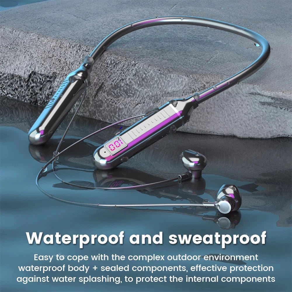 Wireless Earphones 5.3 Neckband Headphones Gaming LED Display Wireless Mic Stereo HIFI TWS Headset Support TF Cards