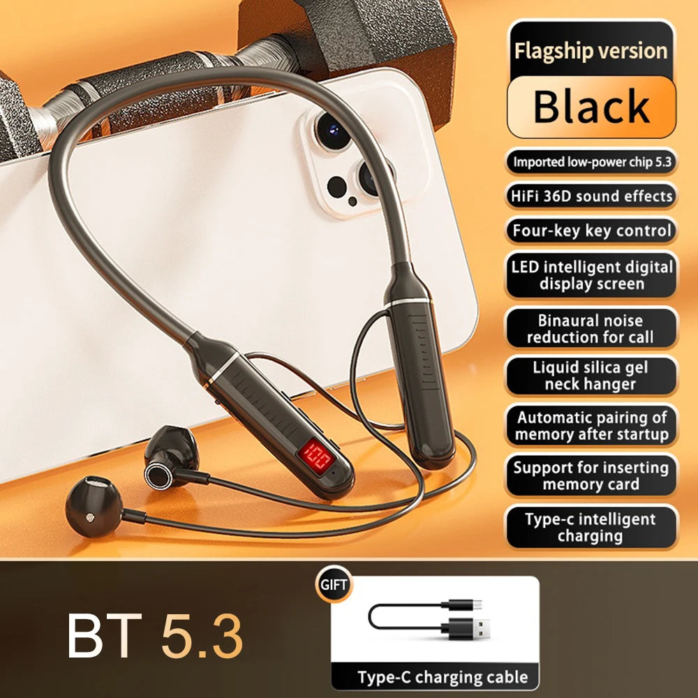 Wireless Earphones 5.3 Neckband Headphones Gaming LED Display Wireless Mic Stereo HIFI TWS Headset Support TF Cards
