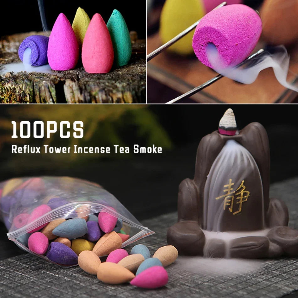 Mountains River Waterfall Incense Burner Fountain Backflow Aroma Smoke Censer Holder Office Home Unique Crafts+100 Incense Cones