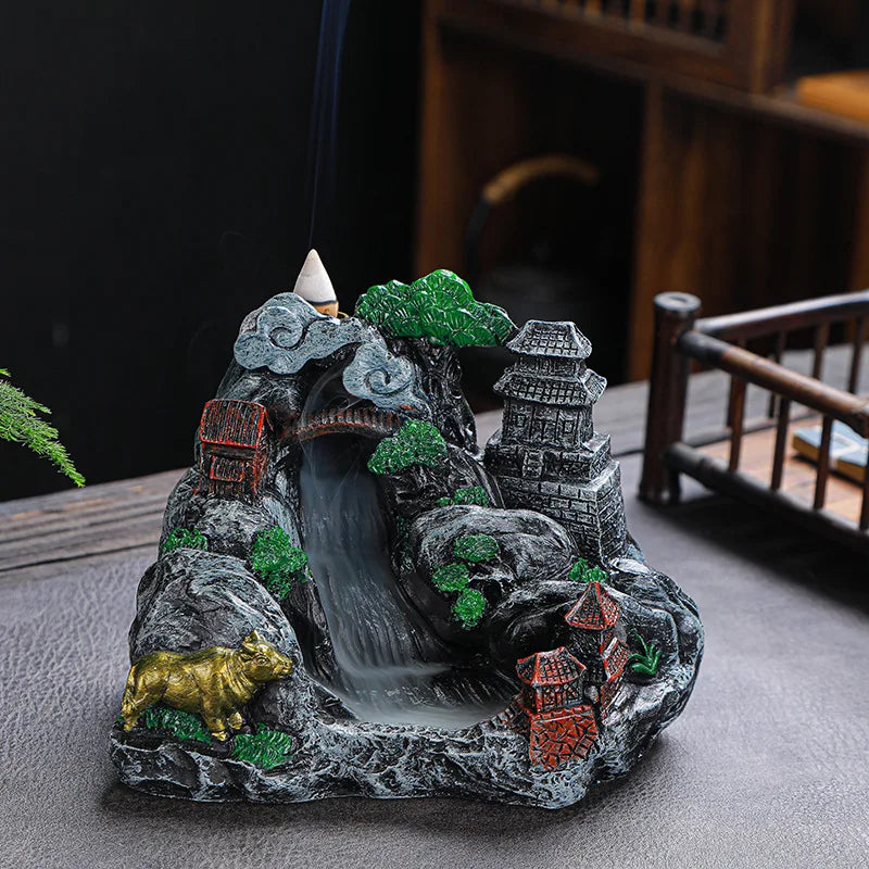 Mountains River Waterfall Incense Burner Fountain Backflow Aroma Smoke Censer Holder Office Home Unique Crafts+100 Incense Cones