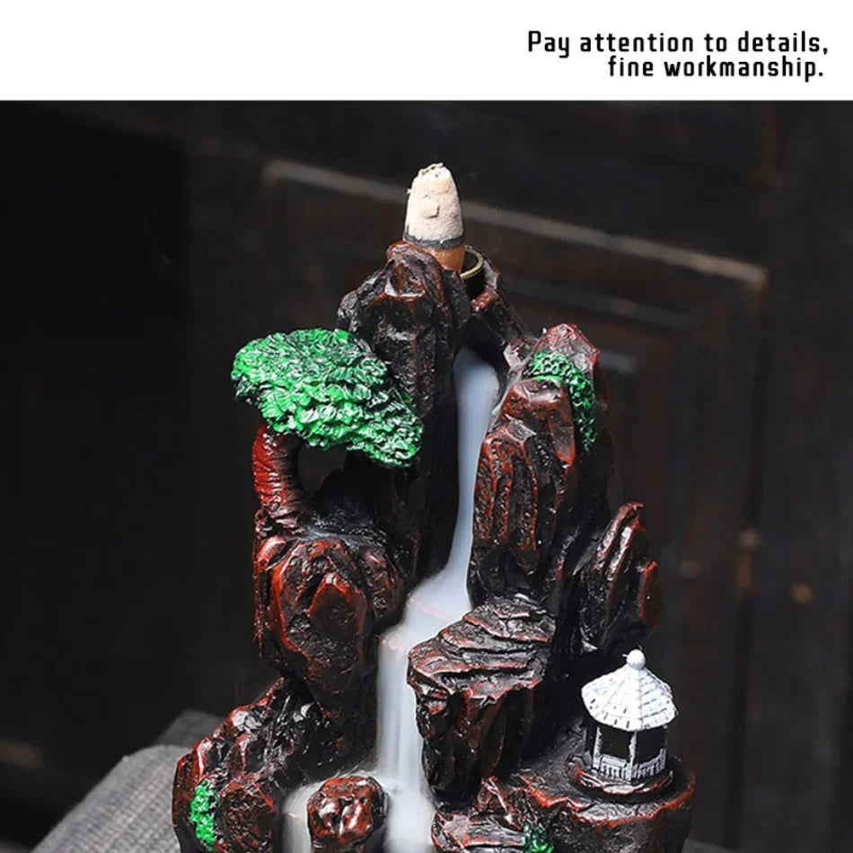Mountains River Waterfall Incense Burner Fountain Backflow Aroma Smoke Censer Holder Office Home Unique Crafts+100 Incense Cones