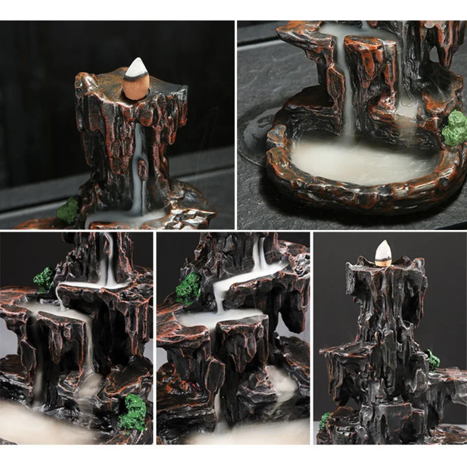 Mountains River Waterfall Incense Burner Fountain Backflow Aroma Smoke Censer Holder Office Home Unique Crafts+100 Incense Cones
