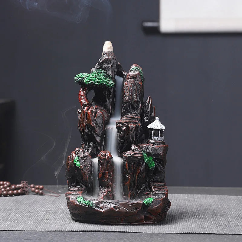 Mountains River Waterfall Incense Burner Fountain Backflow Aroma Smoke Censer Holder Office Home Unique Crafts+100 Incense Cones