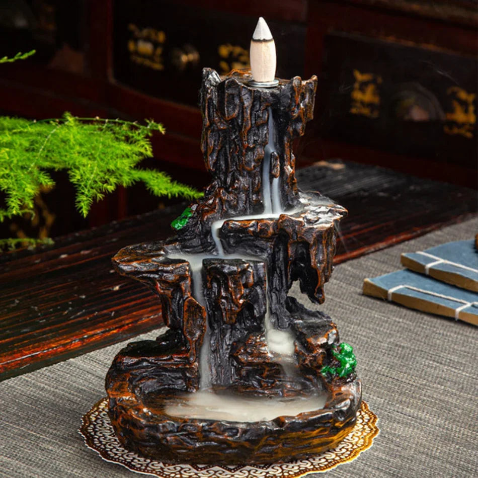 Mountains River Waterfall Incense Burner Fountain Backflow Aroma Smoke Censer Holder Office Home Unique Crafts+100 Incense Cones