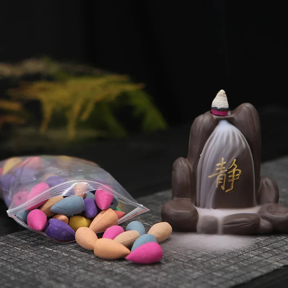 Mountains River Waterfall Incense Burner Fountain Backflow Aroma Smoke Censer Holder Office Home Unique Crafts+100 Incense Cones