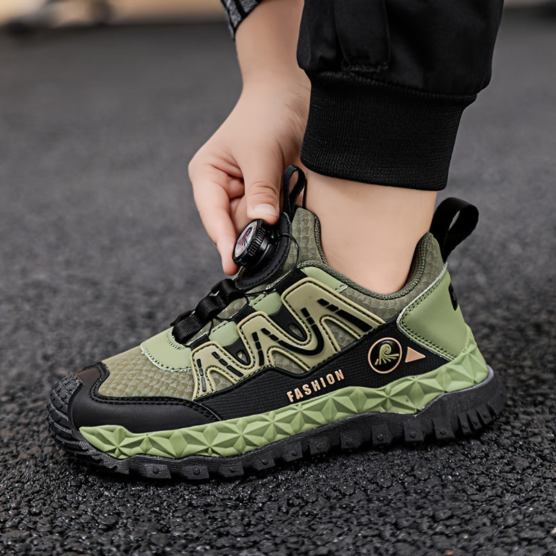 Unisex Kids Fashion Sports Sneakers with Rotary Buckle Closure - Casual Geometric Pattern Running Shoes for Boys & Girls - Comfortable Lightweight Outdoor Trainers for All-Season with Splicing Design & Fabric Inner - TPR Sole
