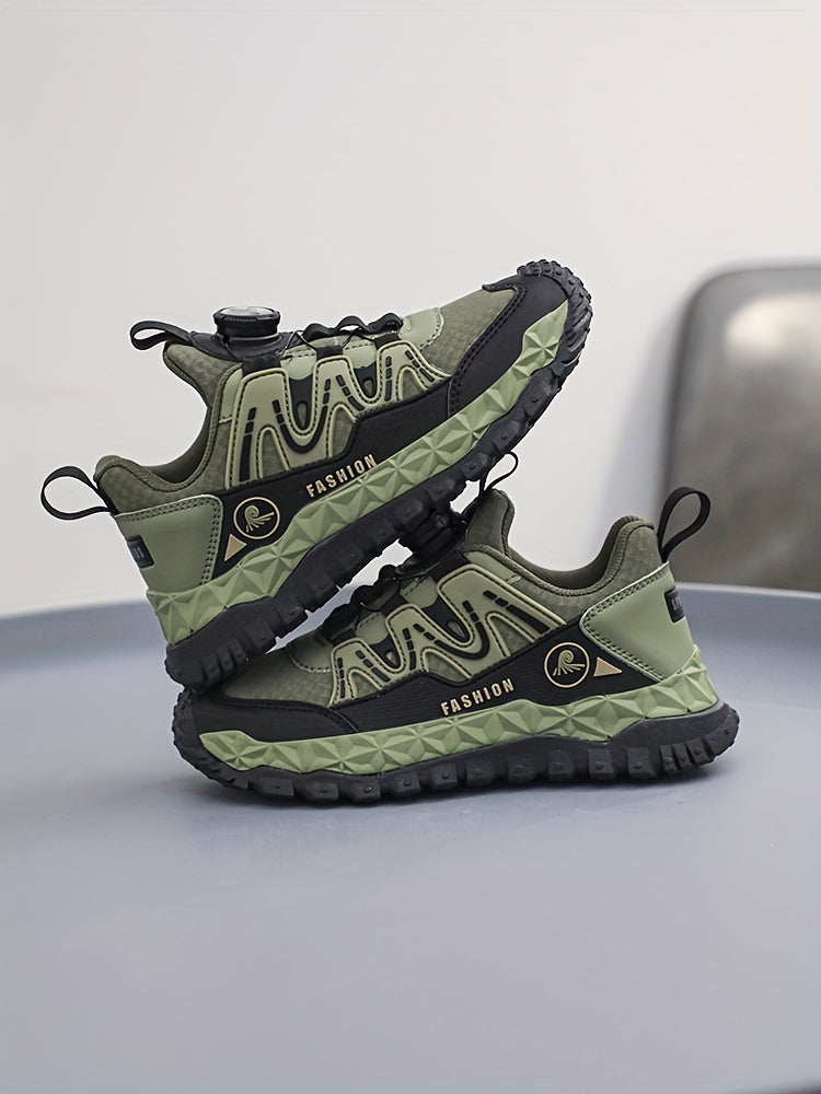 Unisex Kids Fashion Sports Sneakers with Rotary Buckle Closure - Casual Geometric Pattern Running Shoes for Boys & Girls - Comfortable Lightweight Outdoor Trainers for All-Season with Splicing Design & Fabric Inner - TPR Sole