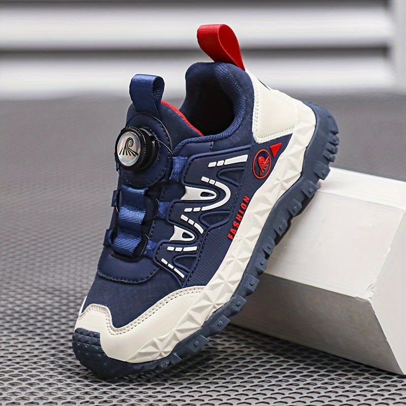 Unisex Kids Fashion Sports Sneakers with Rotary Buckle Closure - Casual Geometric Pattern Running Shoes for Boys & Girls - Comfortable Lightweight Outdoor Trainers for All-Season with Splicing Design & Fabric Inner - TPR Sole