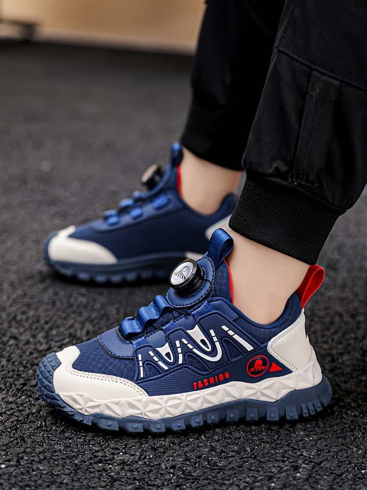 Unisex Kids Fashion Sports Sneakers with Rotary Buckle Closure - Casual Geometric Pattern Running Shoes for Boys & Girls - Comfortable Lightweight Outdoor Trainers for All-Season with Splicing Design & Fabric Inner - TPR Sole