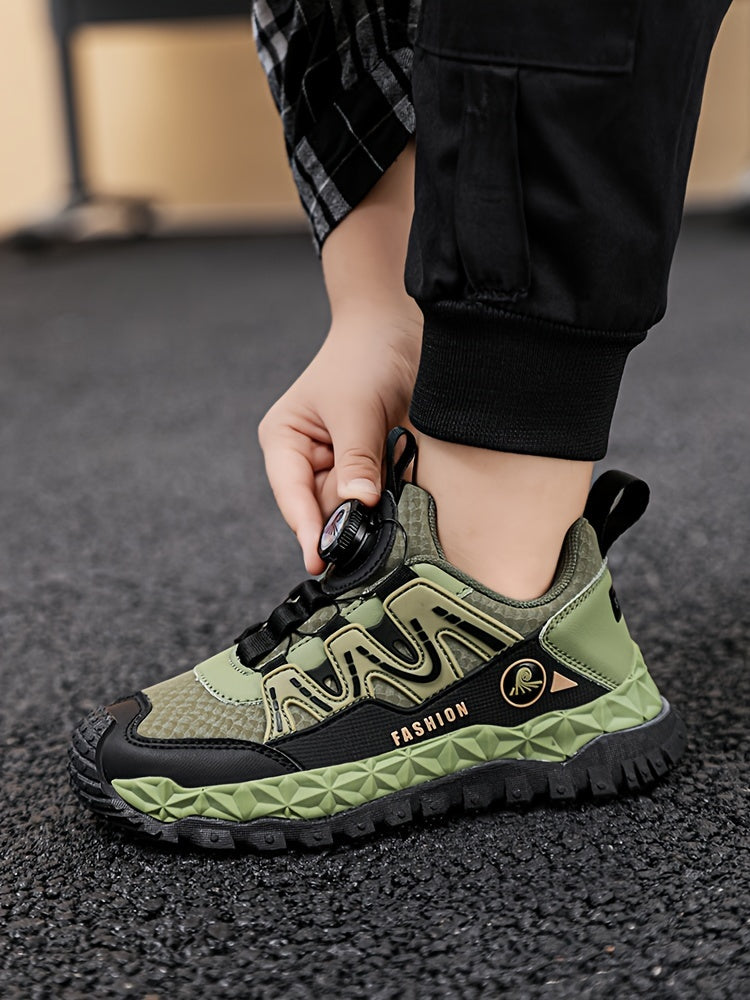 Unisex Kids Fashion Sports Sneakers with Rotary Buckle Closure - Casual Geometric Pattern Running Shoes for Boys & Girls - Comfortable Lightweight Outdoor Trainers for All-Season with Splicing Design & Fabric Inner - TPR Sole
