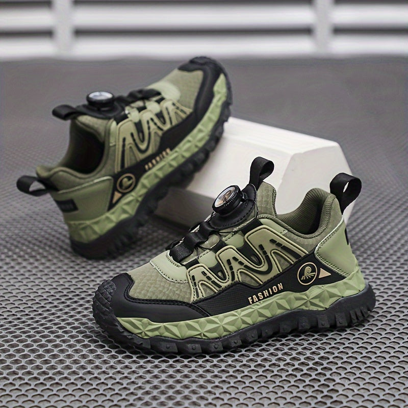 Unisex Kids Fashion Sports Sneakers with Rotary Buckle Closure - Casual Geometric Pattern Running Shoes for Boys & Girls - Comfortable Lightweight Outdoor Trainers for All-Season with Splicing Design & Fabric Inner - TPR Sole