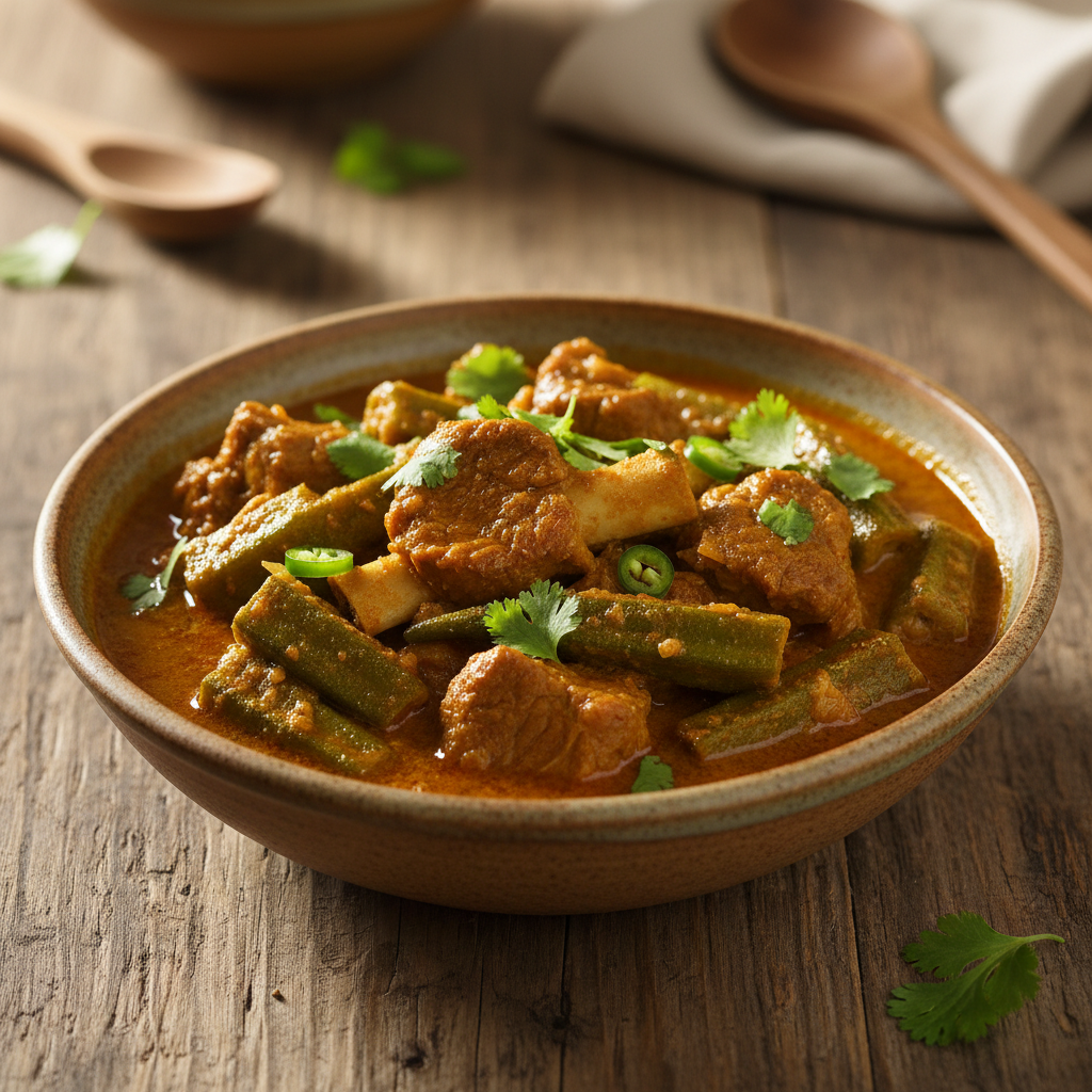 ME Healthy Home-Made Mutton Bhindi – freshly cooked in a rustic ceramic bowl with rich gravy, okra, and garnished with coriander