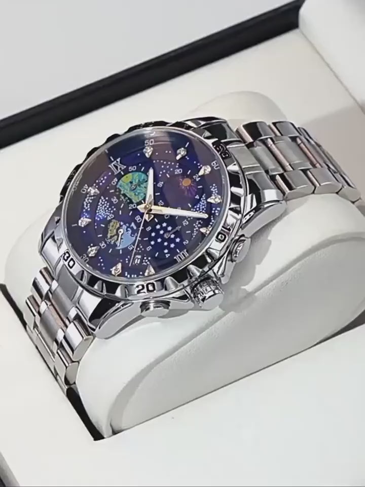 Luxury Men’s Blue Dial Watch - Stainless Steel Chronograph - Gift Box Included